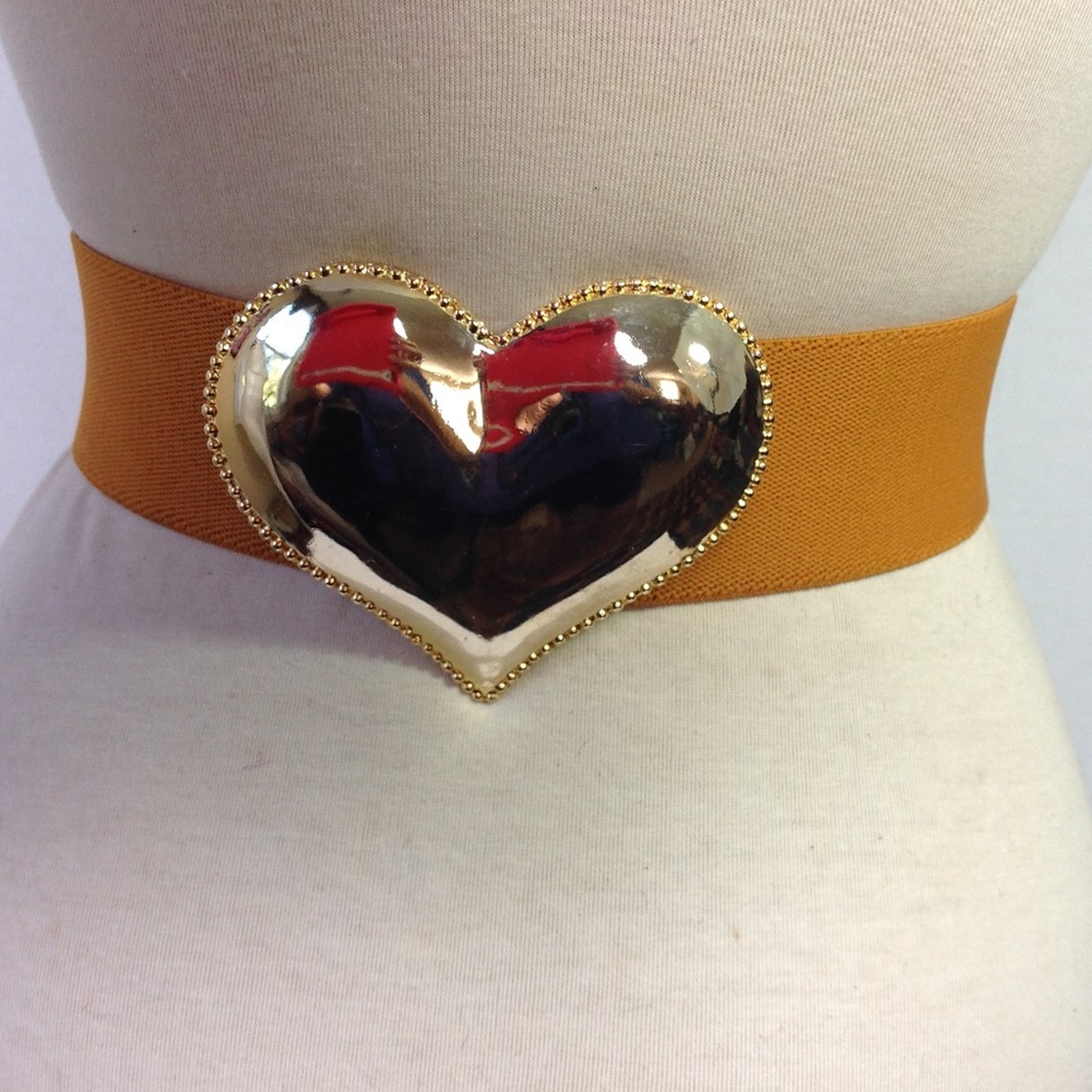 Vintage Brown Stretch Belt Gold Heart Tan Buckle